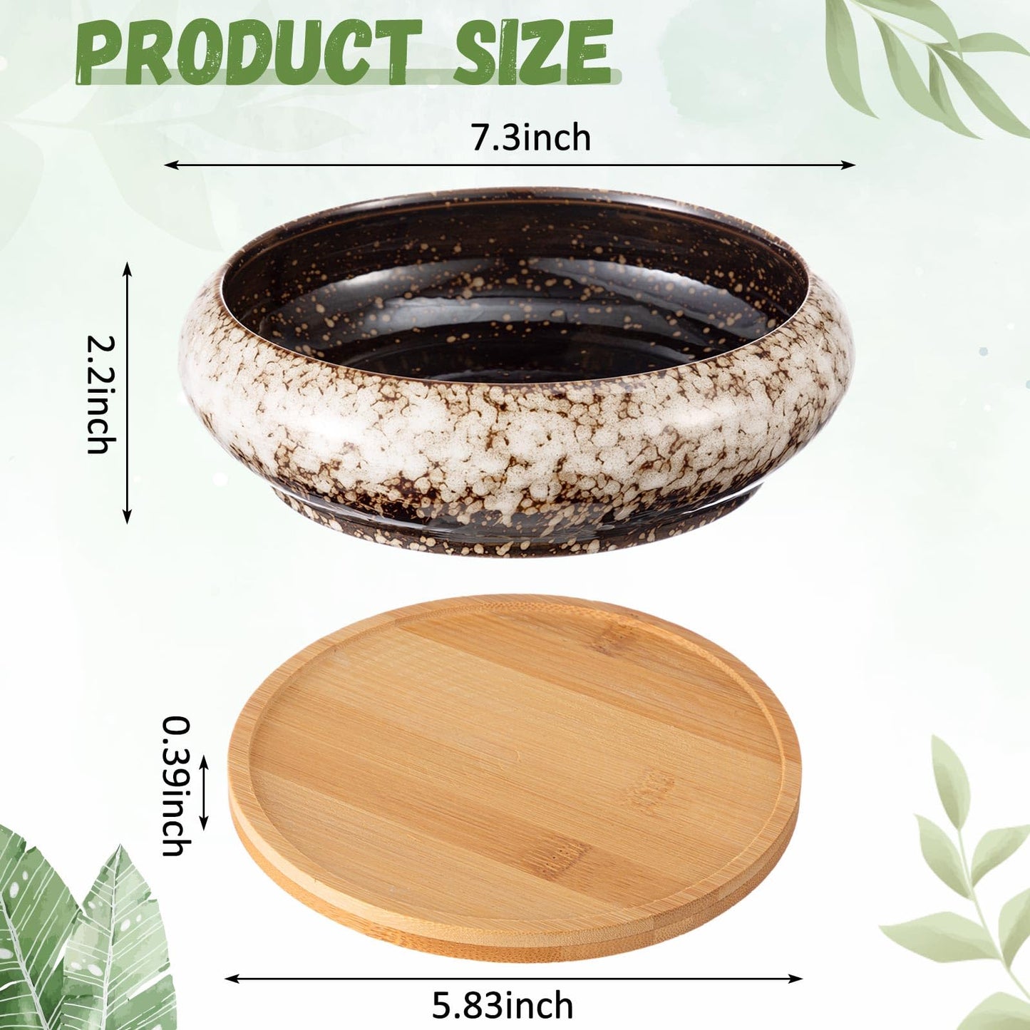 Acellegic 5 Pcs 7.3'' and 4'' Round Large Shallow Succulent Ceramic Planter Pots with Drainage Hole Drip Glazed Shallow Bonsai Pot with Bamboo Tray for Indoor Outdoor Plants Decor Cactus Flower