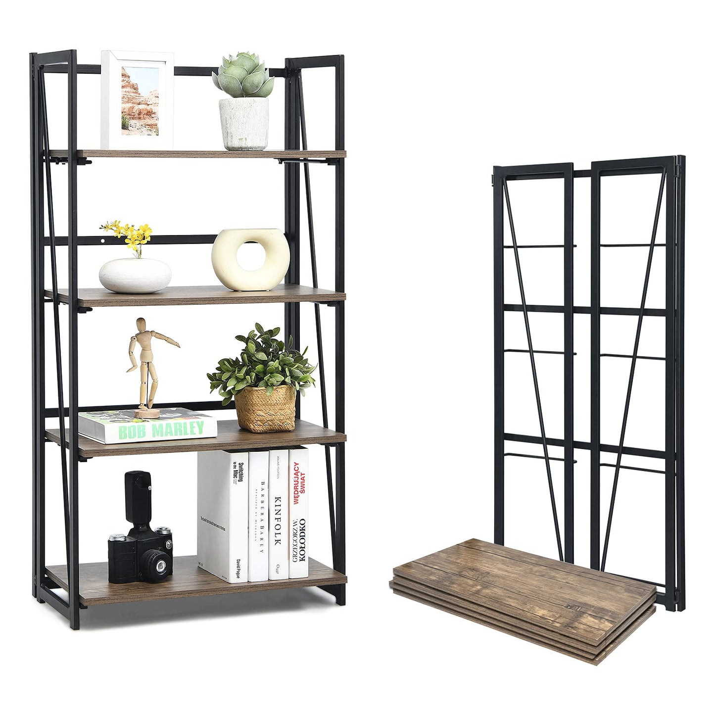 Giantex 4-Tier Bookshelf, No-Assembly Folding Industrial Storage Shelves w/Anti-Tipping Wall Bolt, Large Storage Space Display Rack and Freestanding Storage Organizer
