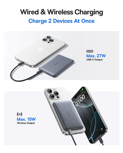 Baseus Picogo Magsafe Portable Charger, Qi2 Certified 0.5" Ultra Slim 15W Wireless Power Bank, 10000mAh 27W Fast Charging Magnetic Battery Pack with USB-C for iPhone 17/16/15/14/13/12 Series Only