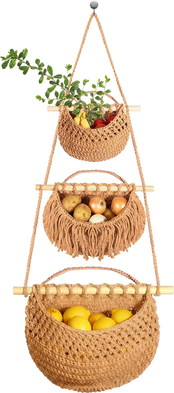 3 Tier Hanging Fruit Basket, Jute Wall Baskets Removable, Portable Produce