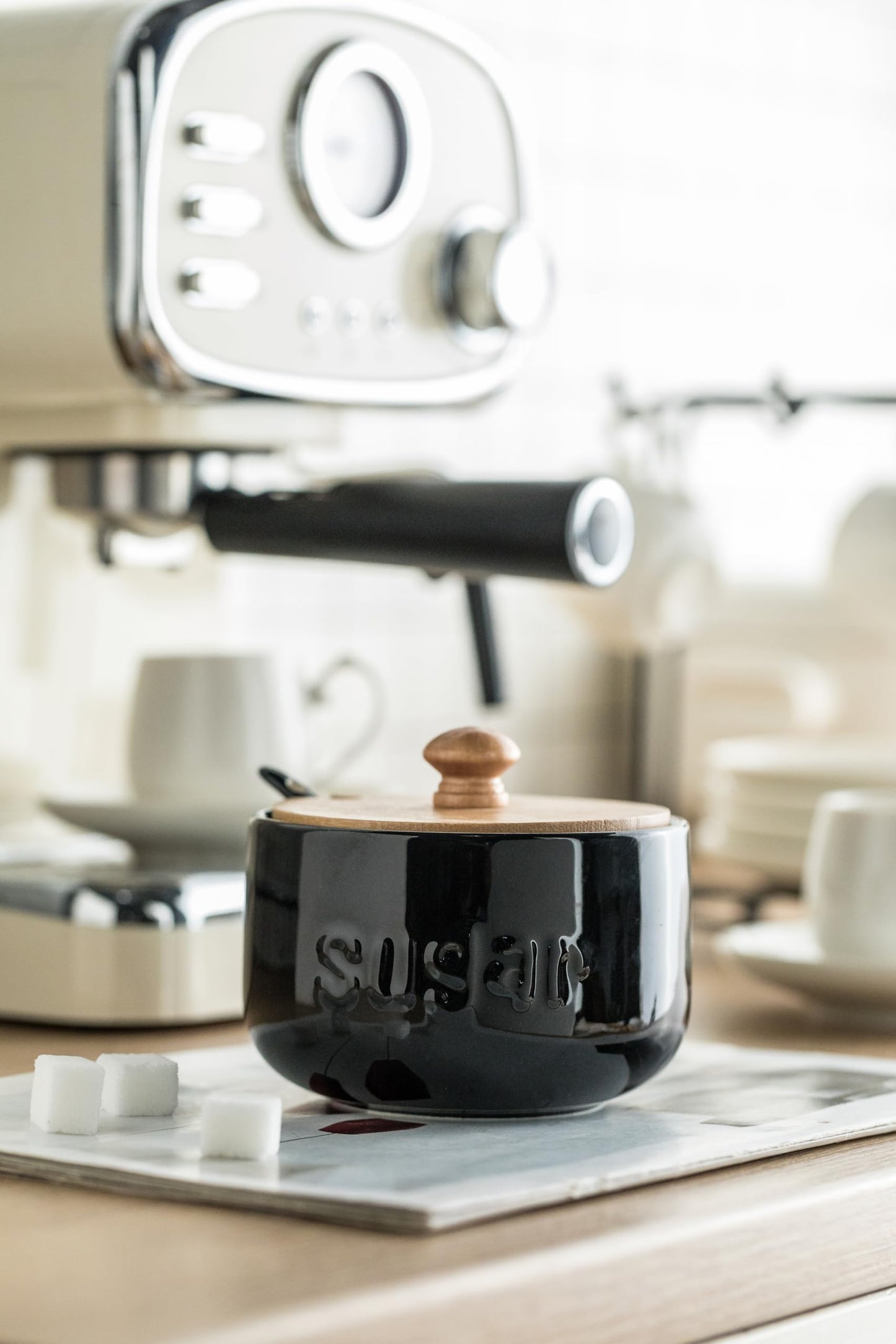 LYEOBOH Sugar Bowl 17 OZ Sugar Jar, Sugar Container for Coffee Bar, Ceramic Jar with Lid and Espresso Cups and Saucers Set, Ceramic Coffee Cup 3 Ounces Small Demitasse Cups Espresso Mugs