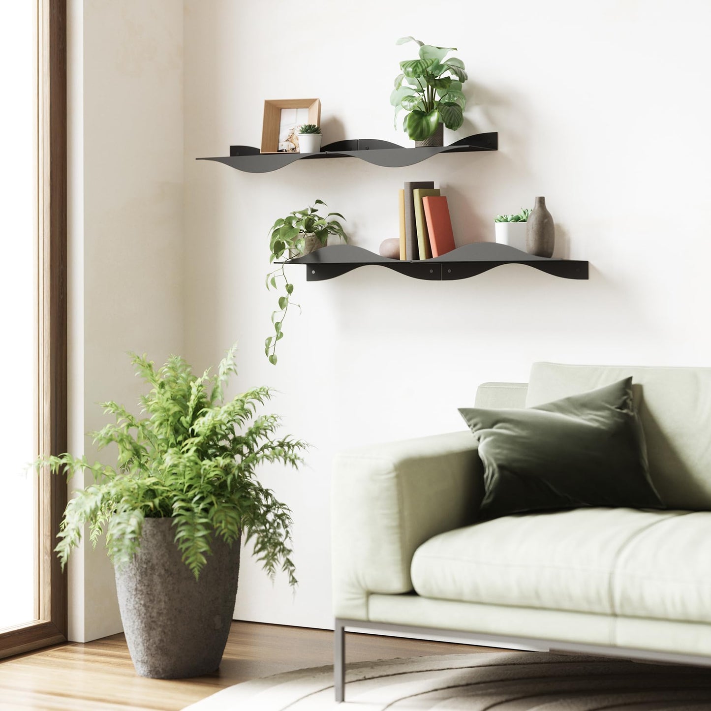 Umbra Surf Shelf Set of 2 – Black Metal Floating Shelves for Wall Storage & Décor, Modern Wave Design, 100% Steel, Holds 15 lbs. Each, Easy Installation Shelving for Bedroom, Living Room & Office