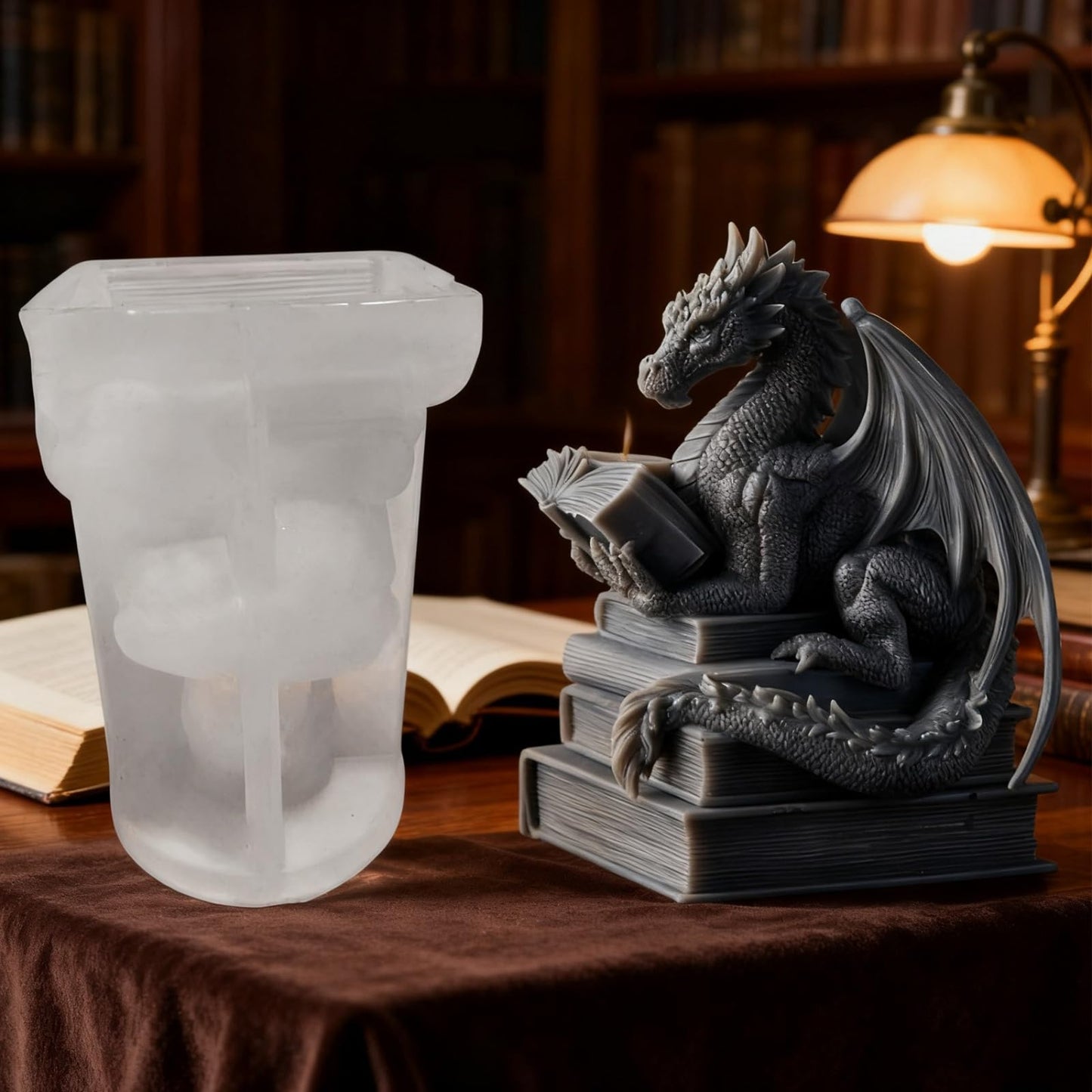 Book-Reading Dragon Candle Mold, Dinosaur Resin Casting Silicone Mold for Home Decor, DIY Soap & Candle Making, Animal Epoxy Resin Craft Mold, Gifts for Dinosaur Lovers