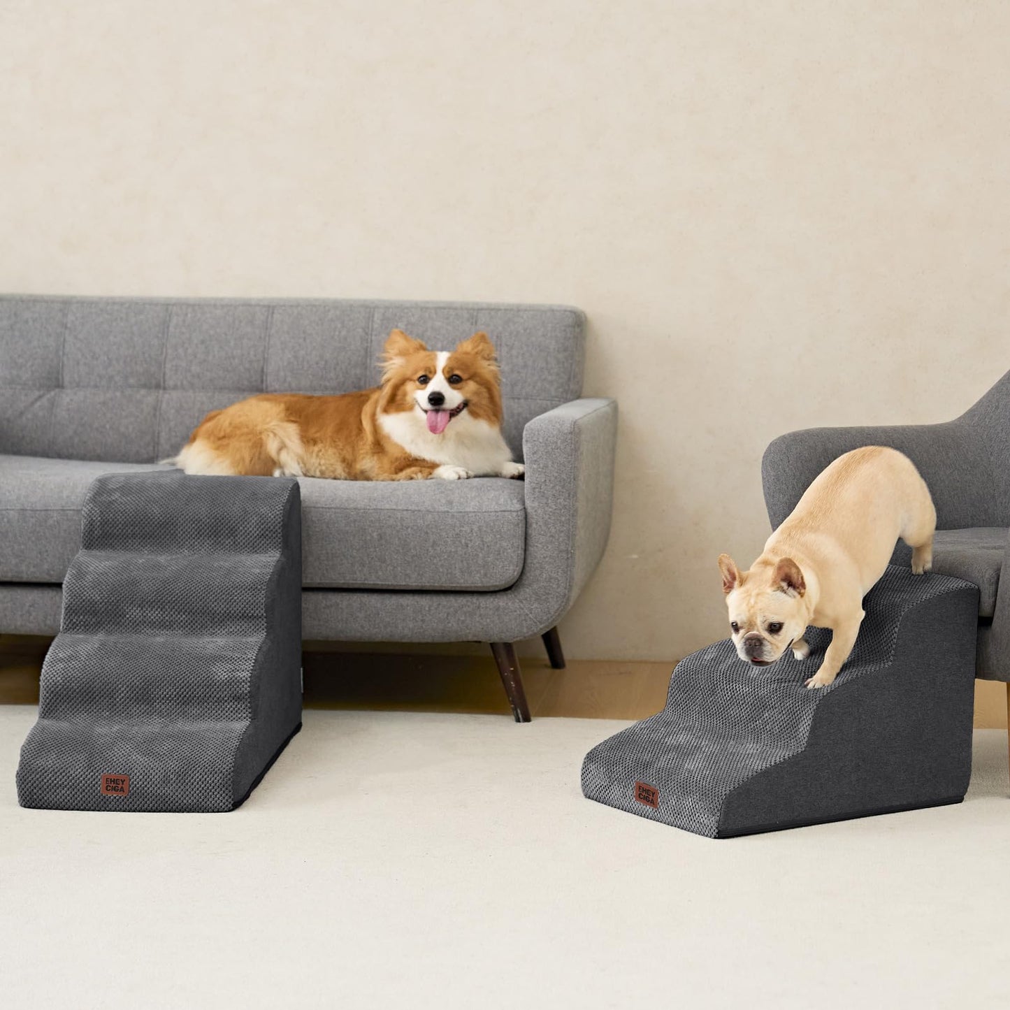 EHEYCIGA Curved Dog Steps for Bed, 3-Step Dog Stairs for Sofa, High Density Foam Pet Steps for Small Dogs and Cats, Pet Stairs for Couch, Non-Slip Dog Ramp with Washable Cover, 40x57x40cm, Dark Gray