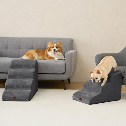EHEYCIGA Curved Dog Steps for Bed, 3-Step Dog Stairs for Sofa, High Density Foam Pet Steps for Small Dogs and Cats, Pet Stairs for Couch, Non-Slip Dog Ramp with Washable Cover, 40x57x40cm, Dark Gray