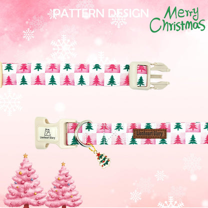 Lionheart glory Christmas Dog Collar Pink Checkboard Christmas Tree Cute Dogs Collar - Adjustable Soft Comfortable Light Collars for Small Dogs Girl or Boy Winter Pet Collars