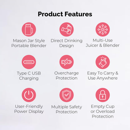 Personal Portable Blender For Shakes & Smoothies, Leakproof & Stylish Portable Mason Jar Shaker, Rechargeable Mini Blender with 10-Blade Blending System 14oz, Pink