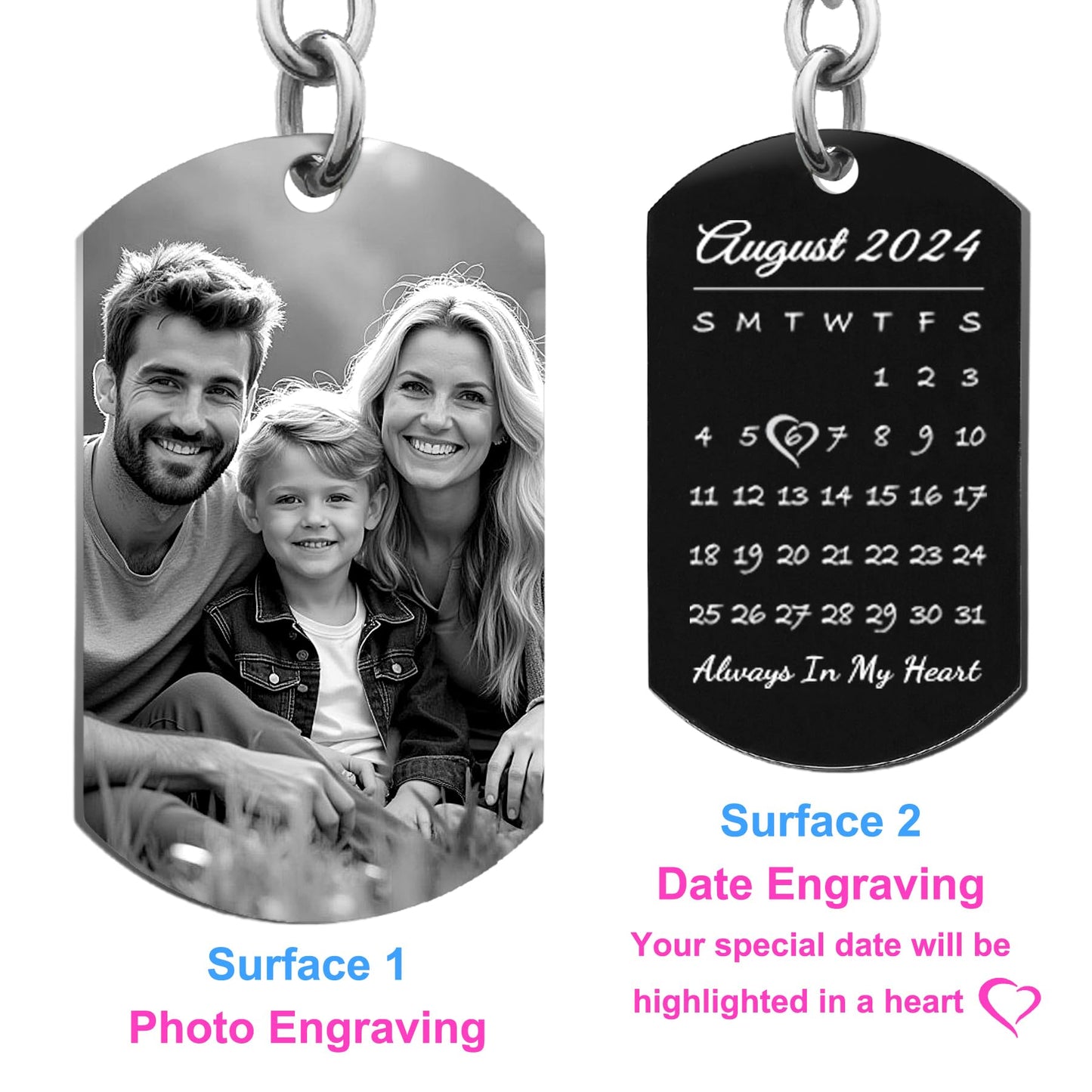 Queenberry Custom Photo Keychain for Husband Boyfriend Laser Engraved Personalized Calendar Date Text Picture Gift for Valentines Day Anniversary