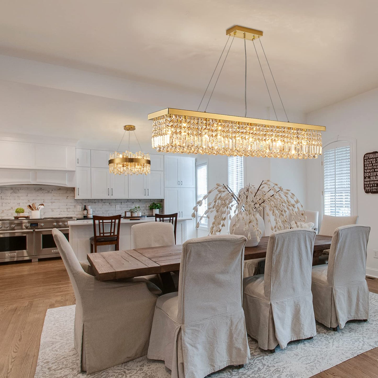 Siljoy Rectangular Gold Crystal Chandelier for Dining Room, 10-Light Modern Rectangle K9 Crystal Raindrop Chandelier, Luxury Dimmable Crystal Ceiling Light for Living Room Kitchen Island L47''