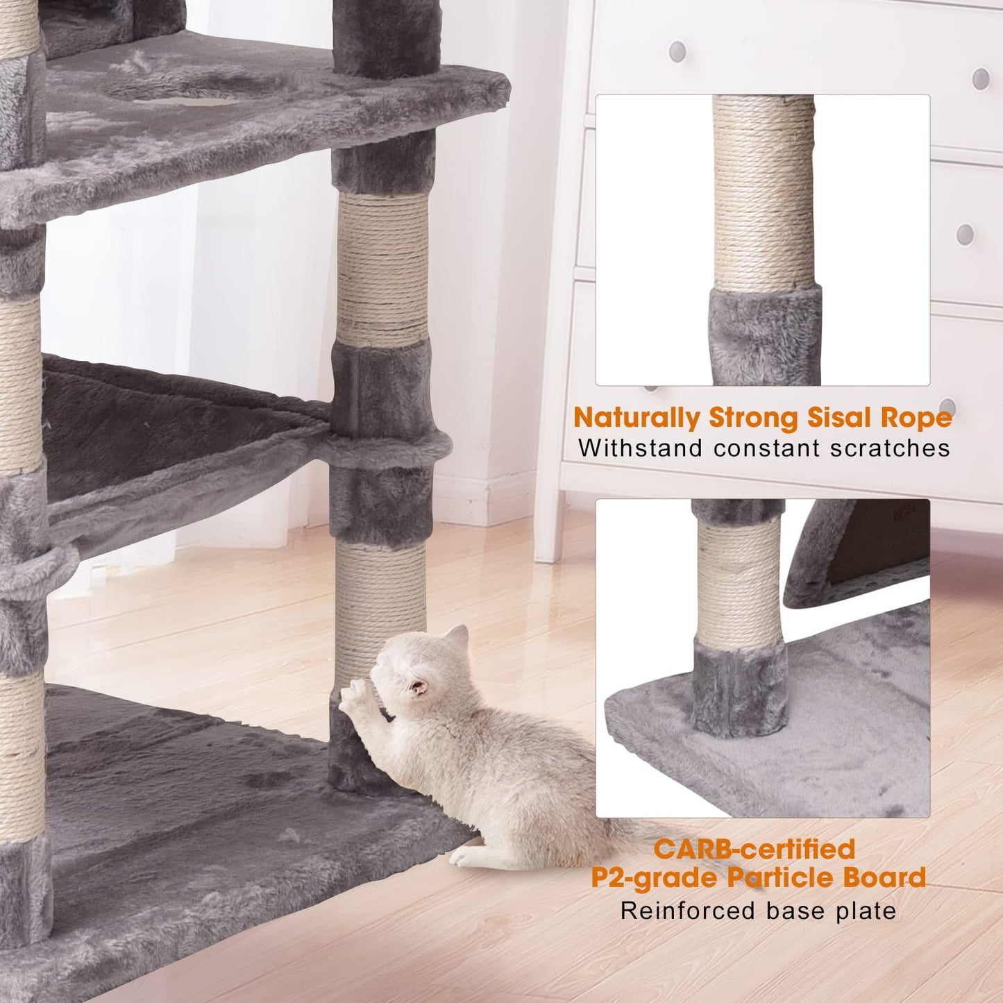 JISSBON Cat Tree Tower 178cm, Multi-Level Cat Scratching Post with Condos, Ladders, Basket, Hammock & Plush Perches for Kittens, Large Cats, Light Grey