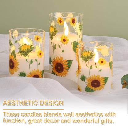 Girimax Sunflower Glass Flameless Pillar Candles with Remote, Flickering LED Battery Candles Summer Home Decor Set of 3