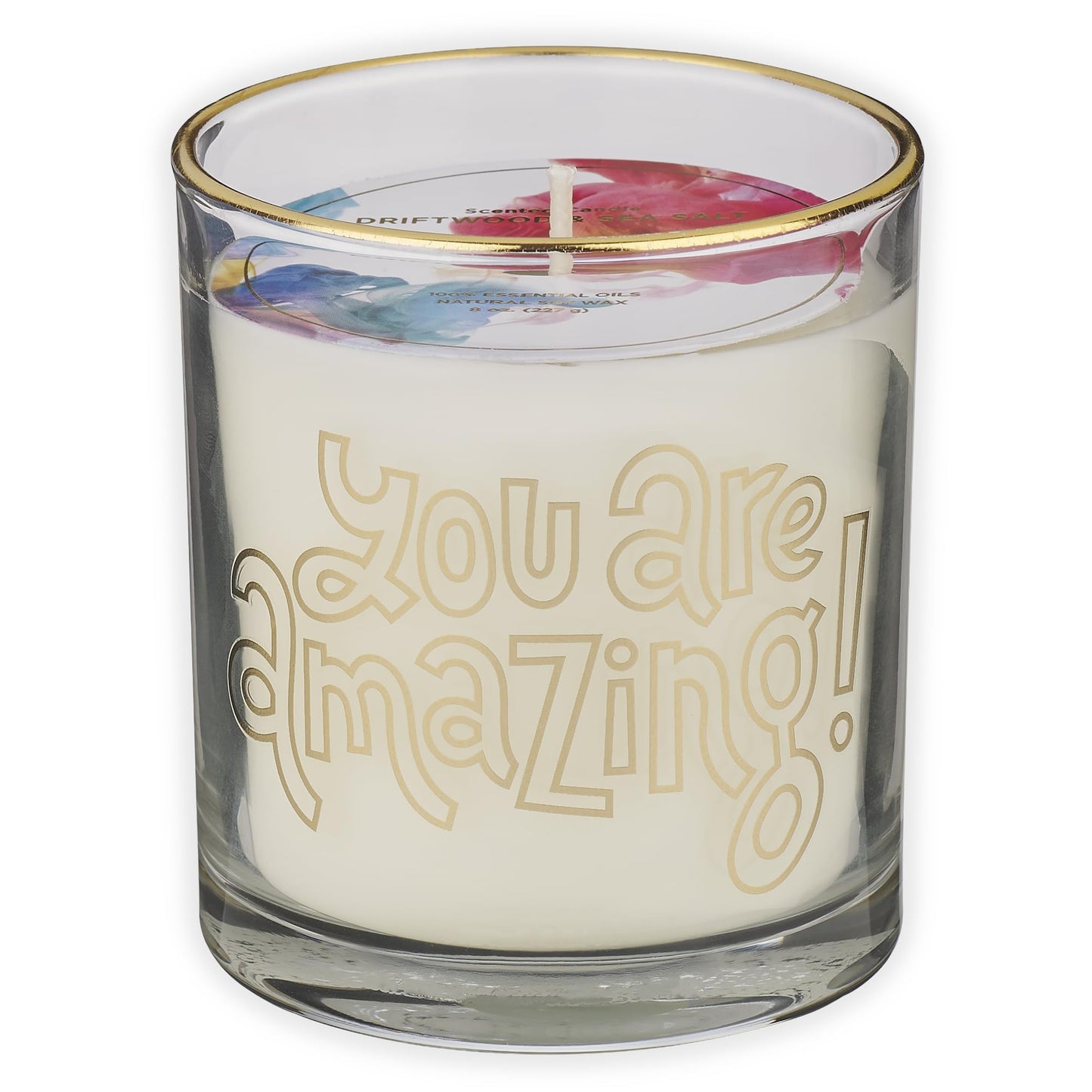 With Love Driftwood & Sea Salt Scented Candle, Soy Wax, Pure Essential Oils, You are Amazing Sentiment, Friendship Gifts, White and Gold Design Glass Jar, 40 Hours Burn Time