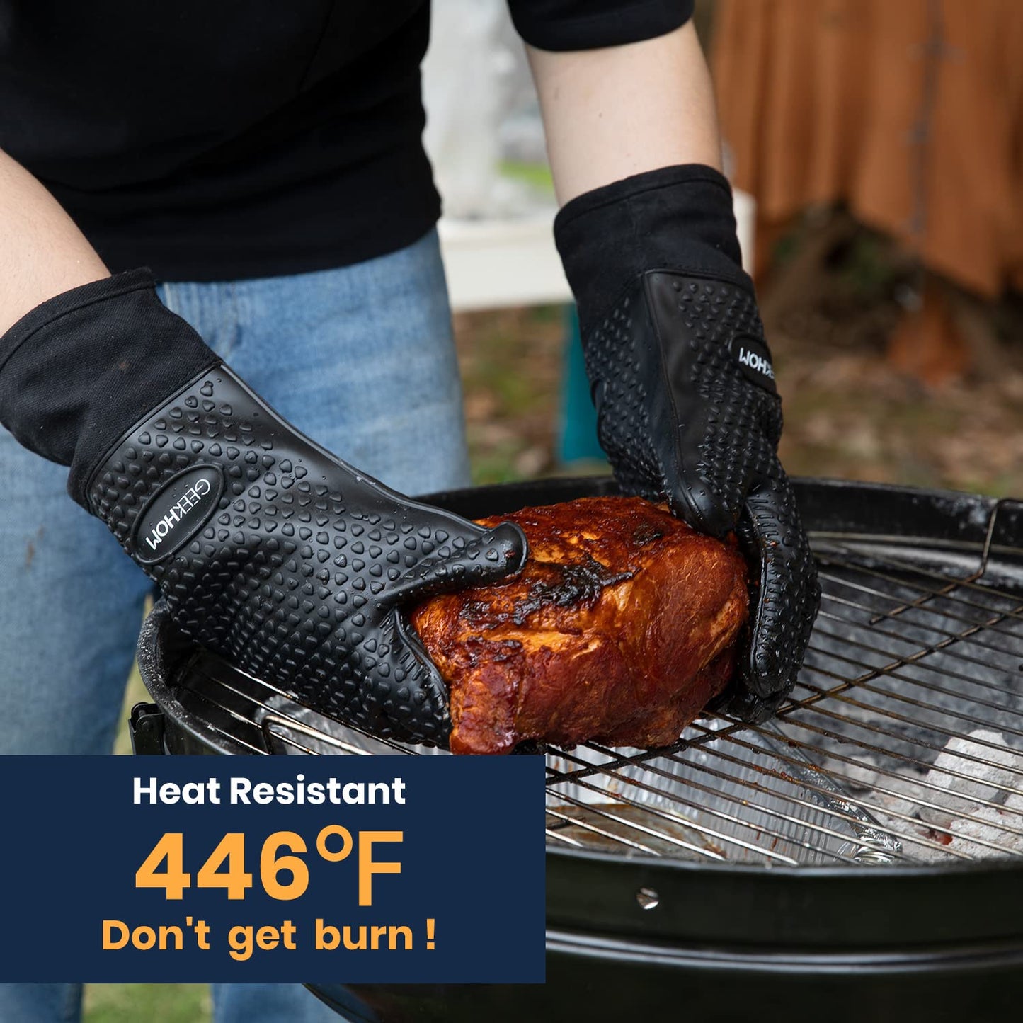 GEEKHOM BBQ Gloves X-Large, Heat Resistant Kitchen Silicone Oven Mitts, Waterproof Oven Gloves, BBQ Grill Accessories for Baking, Fryer, Smoker, Weber, Pizza, Microwave, Non-Slip, Black