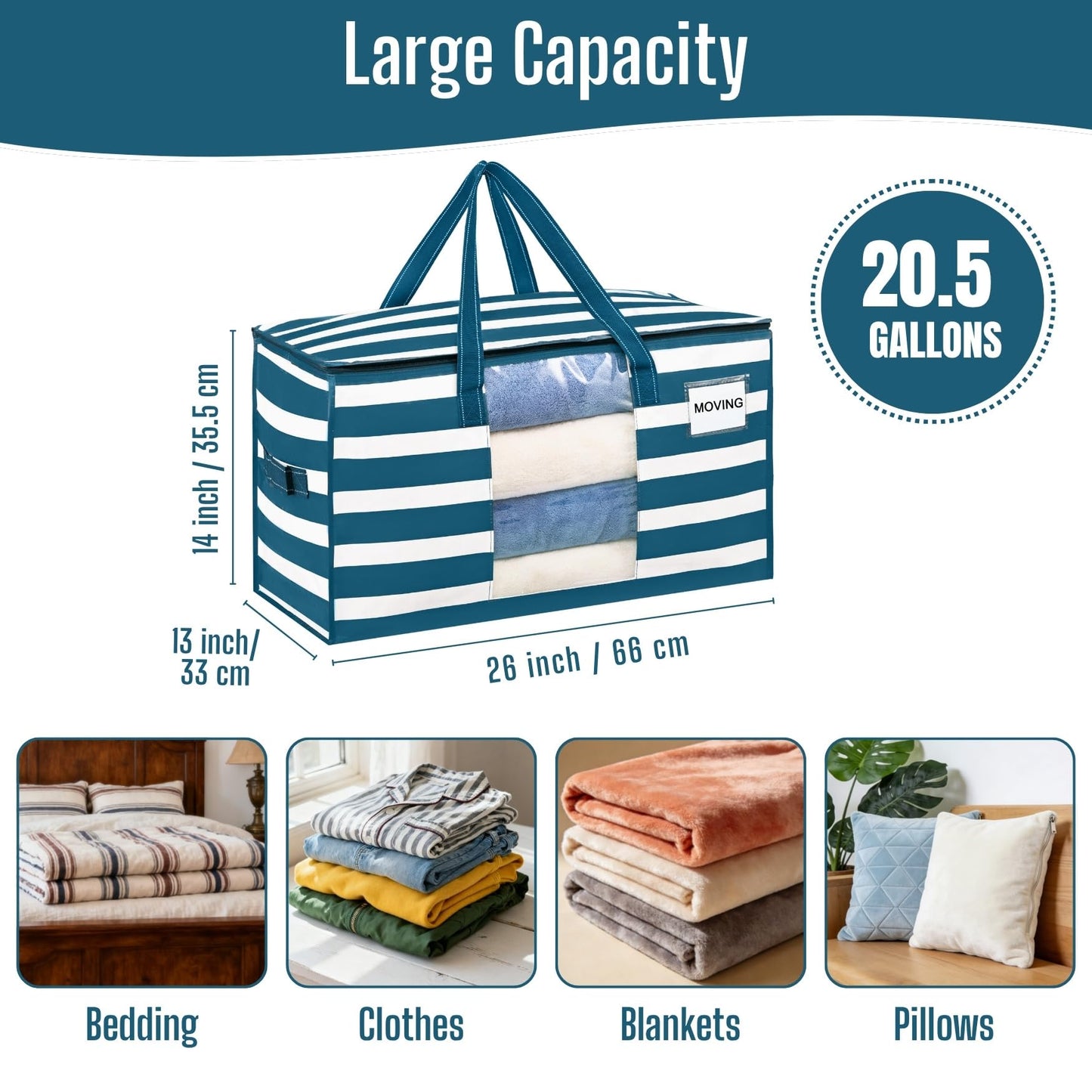 VENO 6 Pack Heavy Duty Moving Bags, Clothes and Comforter Storage Bags with Clear Window, College Dorm Essentials Packing Supplies, Foldable Boxes Alternative (Classic Navy Stripe, 6 Pack)