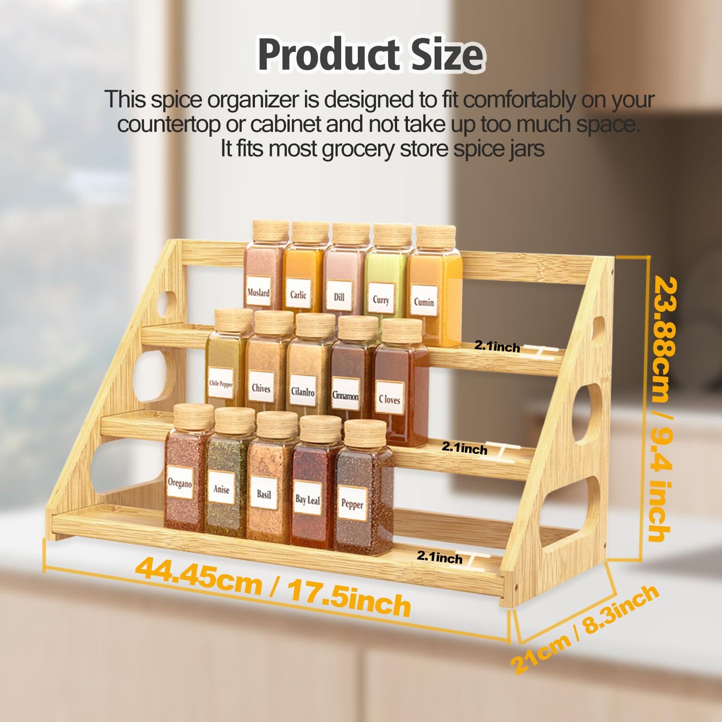 Banlilus Premium Spice Rack - 3 Tier Bamboo Spice Rack Organizer - Spice Organization for Kitchen Cabinet/Countertop