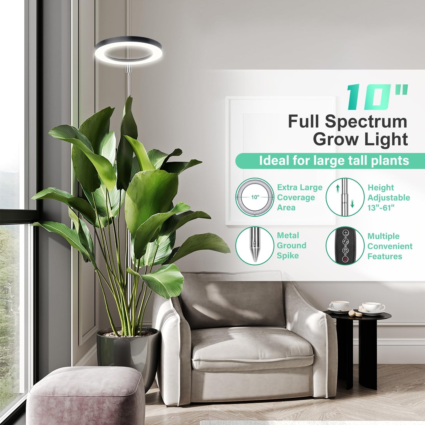 LORDEM 10" Full Spectrum Grow Light, 160 LEDs Plant Lamp for Indoor Plants, Grow Lamp with 4/8/12H Auto Timer, 6 Dimmable Levels, 3 Spectrum Modes, 65" Height Adjustable, Ideal for Large Tall Plants