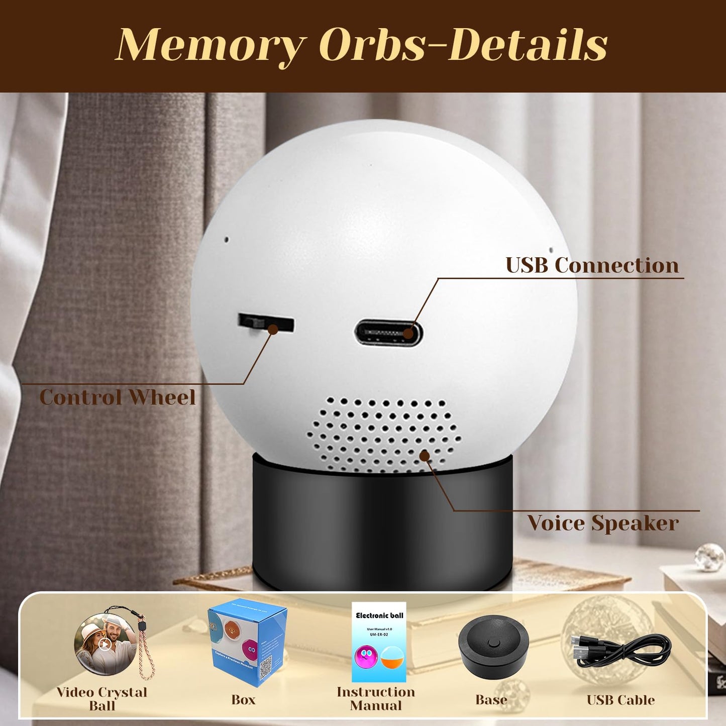 LOCZAR Memory Sphere Lamp, Crystal Ball Video Player 2.8" Memory Orbs Ornament 4GB Uploadable Videos & Photos, Personalized Unique Desk Night for Couples Friends Birthday Christmas (White Memory Orb)