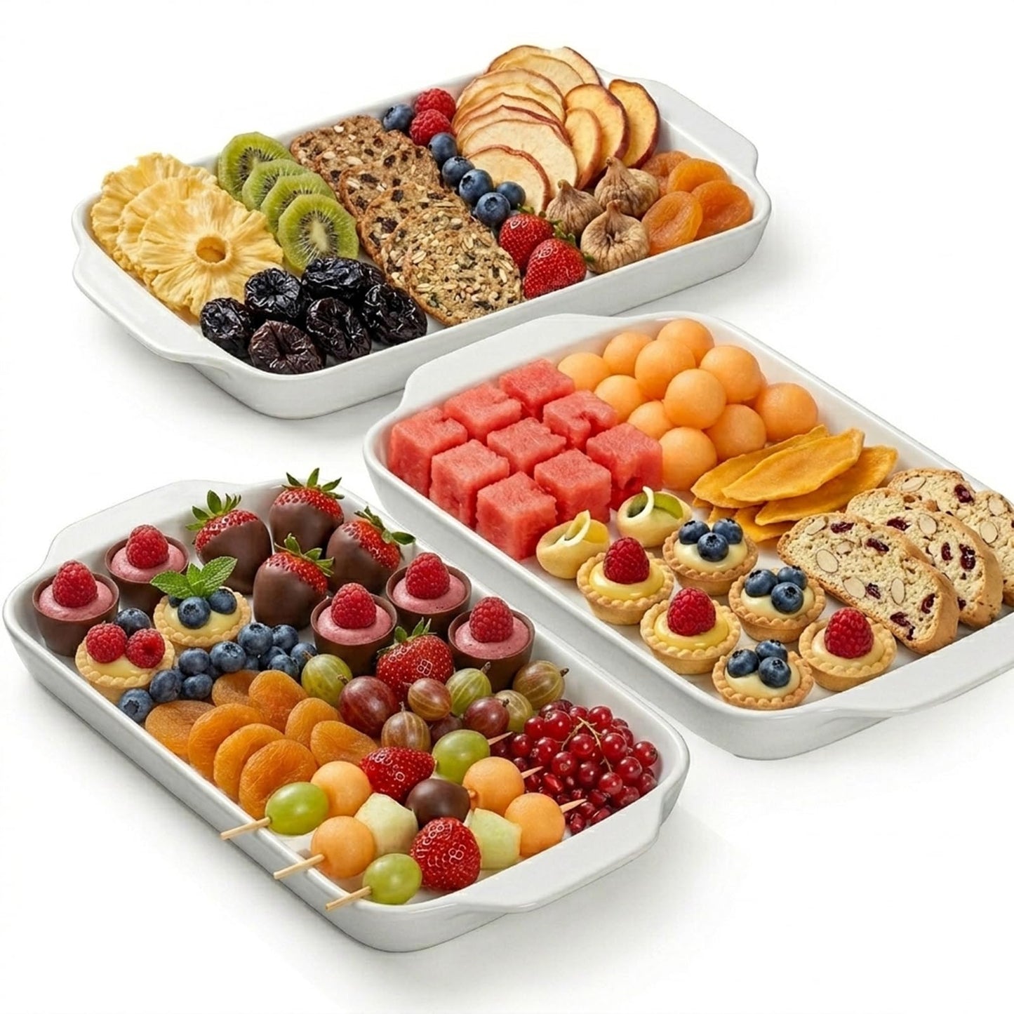 Dizada Large Serving Platter with Handles 16"x9" - White Porcelain Serving Trays Set of 3, Rectangular Platters for Entertaining, Party, Appetizer, Charcuterie