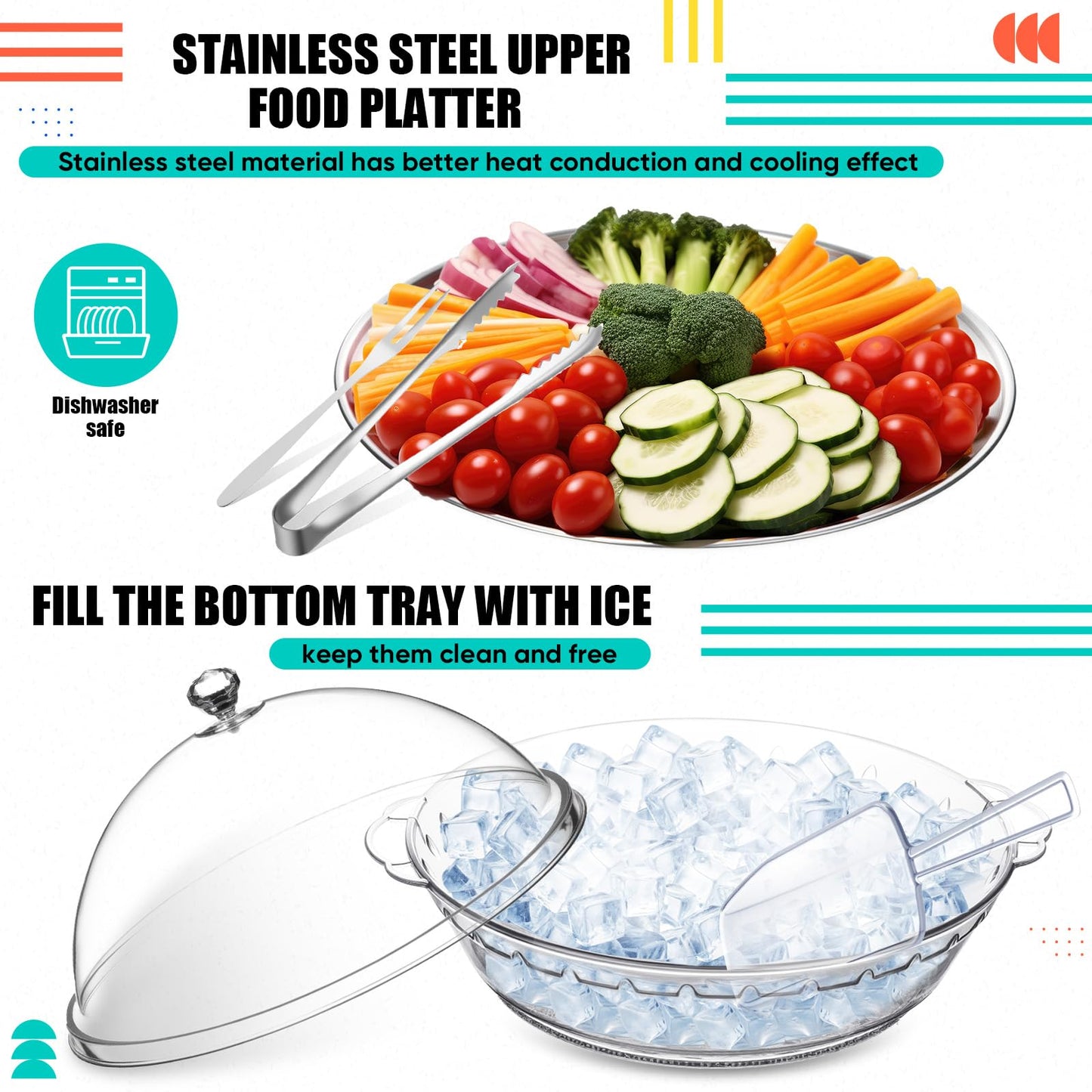 Baderke 11.8" Chilled Serving Tray for Parties with Compartments and lid Ice Chilled Party Platter Charcuterie Serving Board Cold Dish Dip for Fruit Seafood Vegetable Shrimp Cocktail(Silver,1 Pcs)