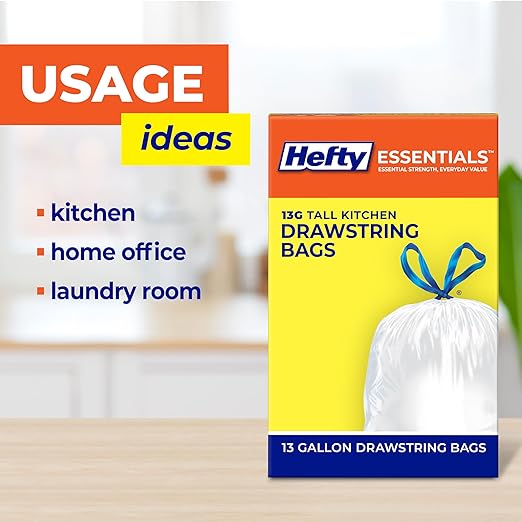 Hefty Essentials Drawstring 13 Gallon Kitchen Trash Bags, Tall Unscented Trash