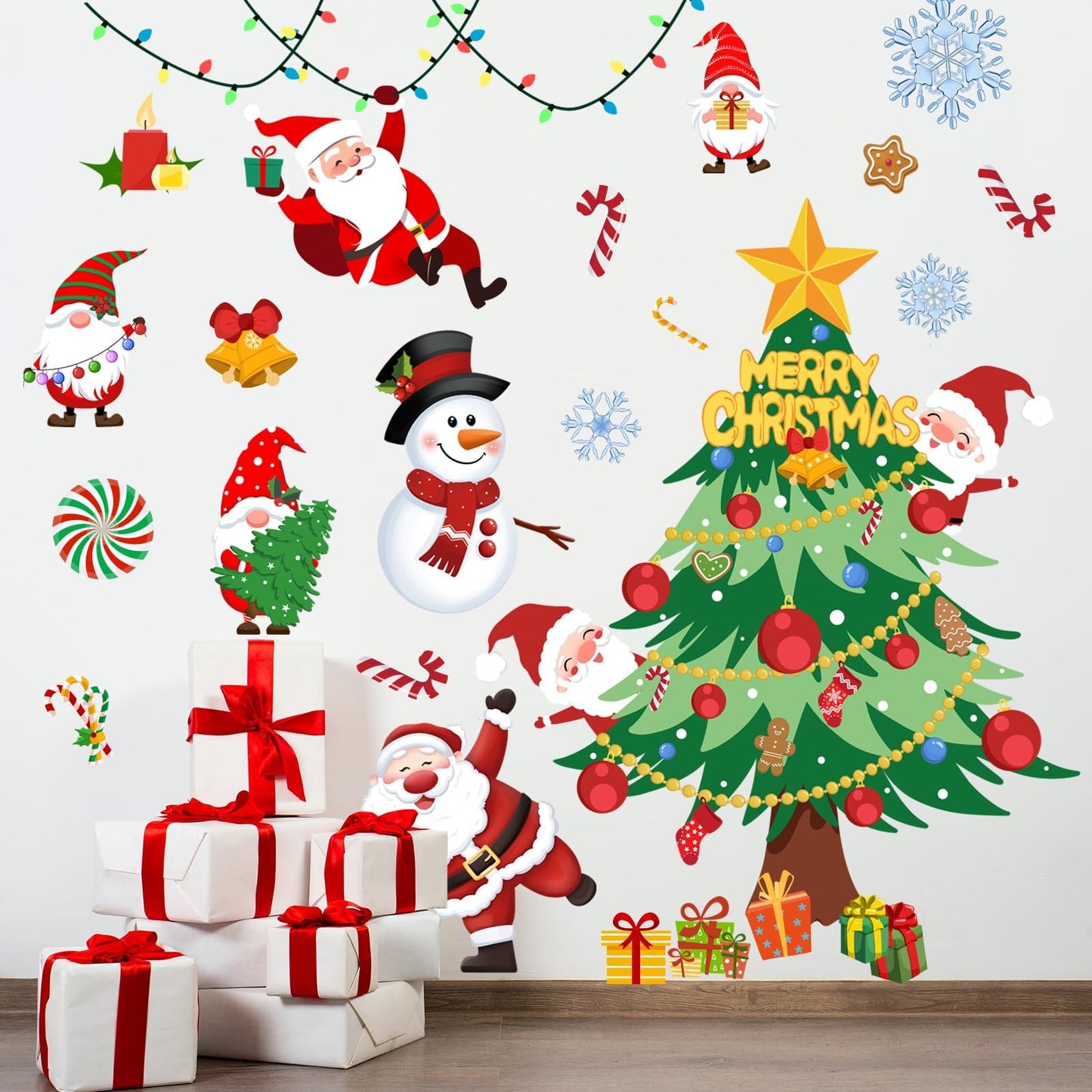 41.33 x 41.33 Inch Christmas Tree Wall Decal Christmas Santa Claus Snowmen Wall Stickers Removable Xmas Wall Decor for Christmas Holiday Party Supplies Home Window Decor