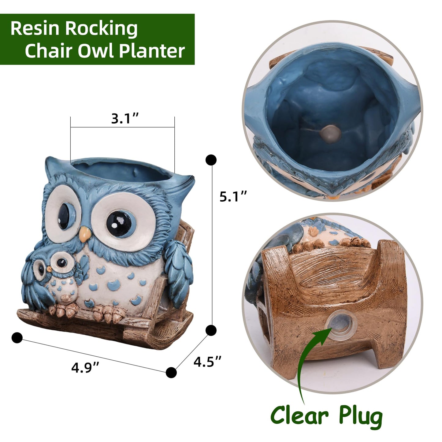 Saysmile Unique Owl Plant Pots Indoor, Cute Small Succulent Pots with Drainage Hole, Rocking Chair Planters for Outdoor Indoor Plants, Resin Flower Pot for String of Pearls, Gift Ideas for Mother