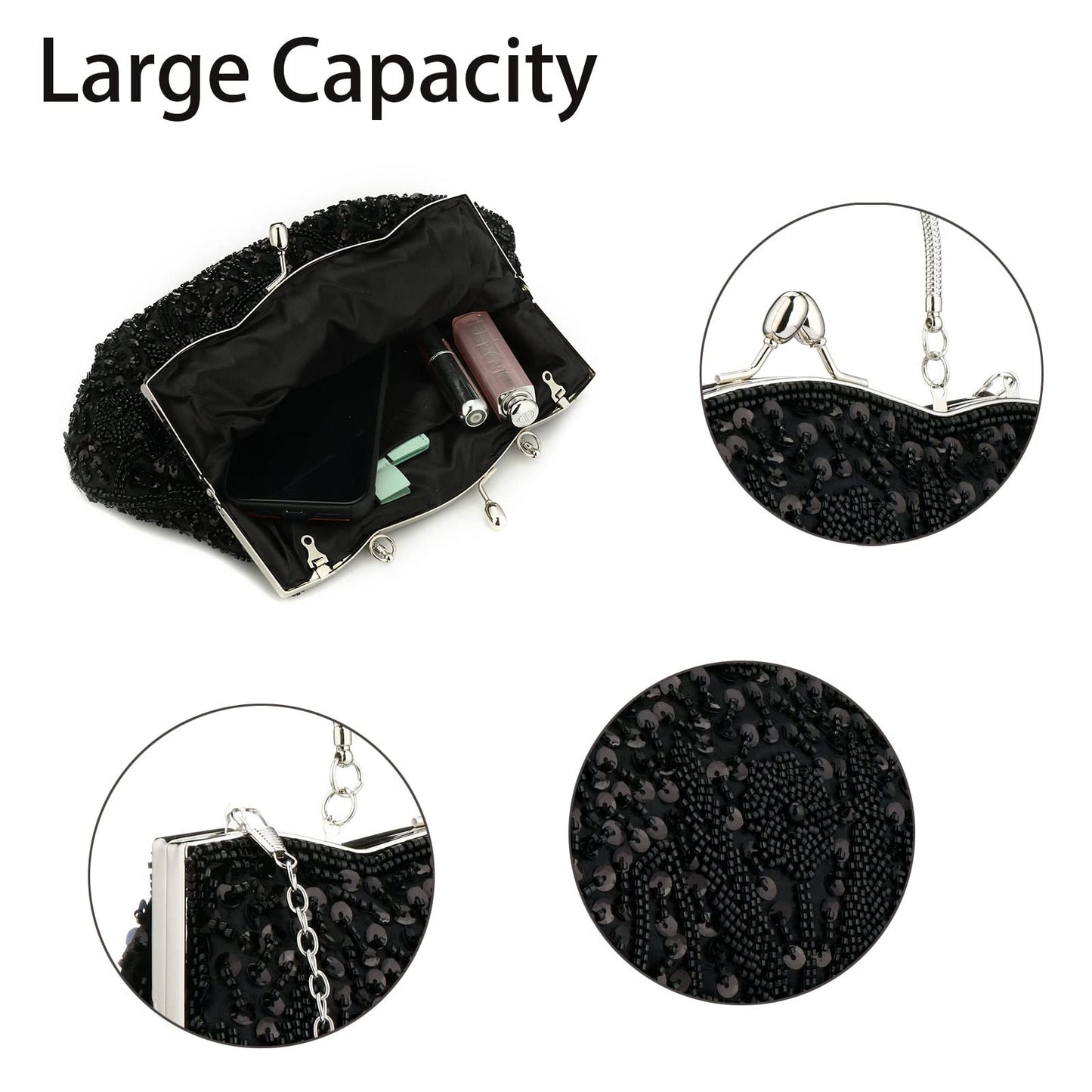 Collection Antique Floral Seed Bead Sequin Soft Clutch Evening Bag Designer Purse Large Clutch Handbag (Black)(Size: One Size)