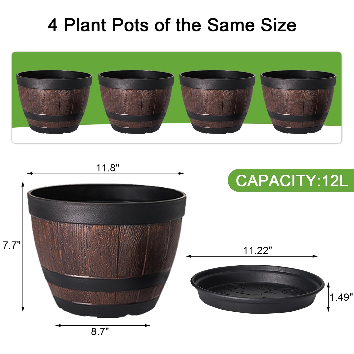 VECELO Plant Pots with Drainage Holes & Saucer, 11.3 Inch Flower Pots with Tray, 4 Pack Plastic Whiskey Barrel Planters for Indoor & Outdoor Garden Home Plants and Flowers