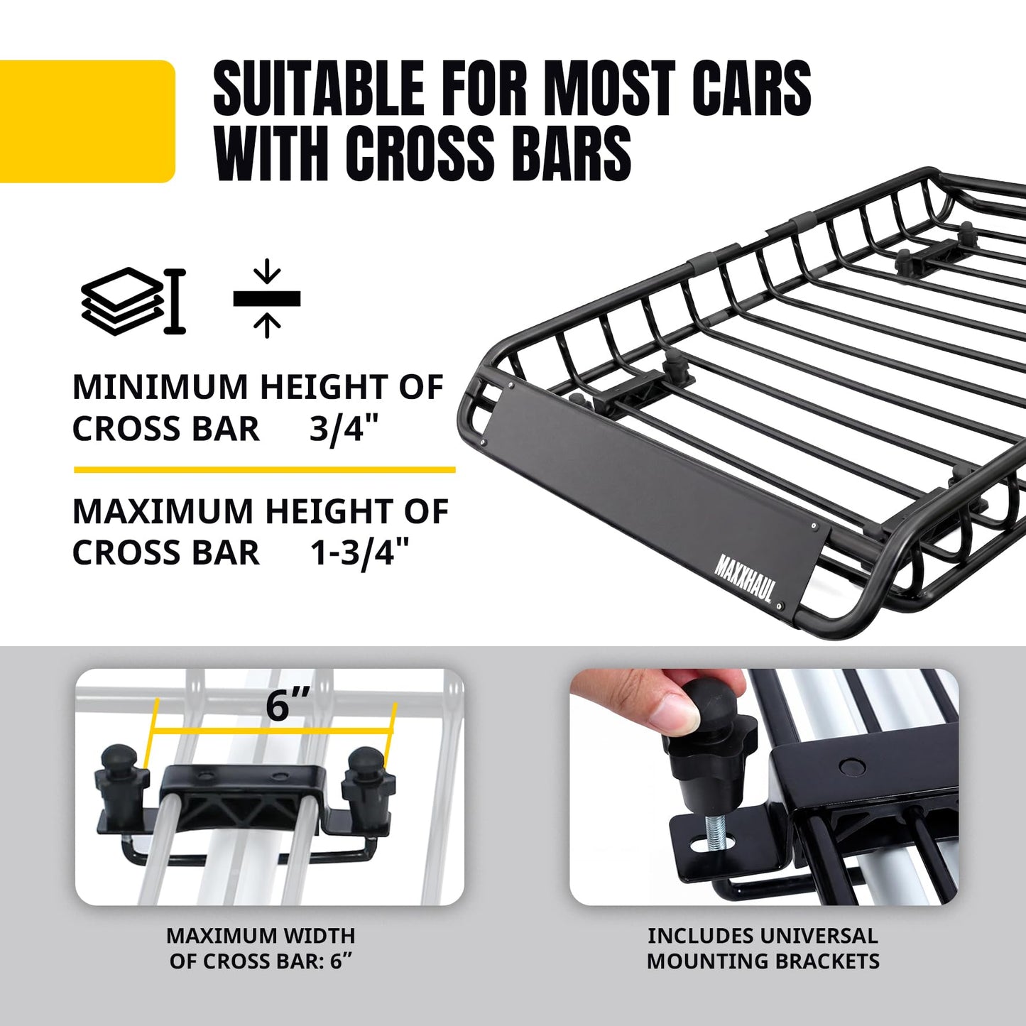 MaxxHaul 51210 Roof Rack Cargo Carrier Set Steel 46" x 36" Basket with 44" x 34" x 17" Roof Bag, 36" x 60" Cargo Net, and Two 1" x 15 ft Ratchet Straps 150 lb Capacity