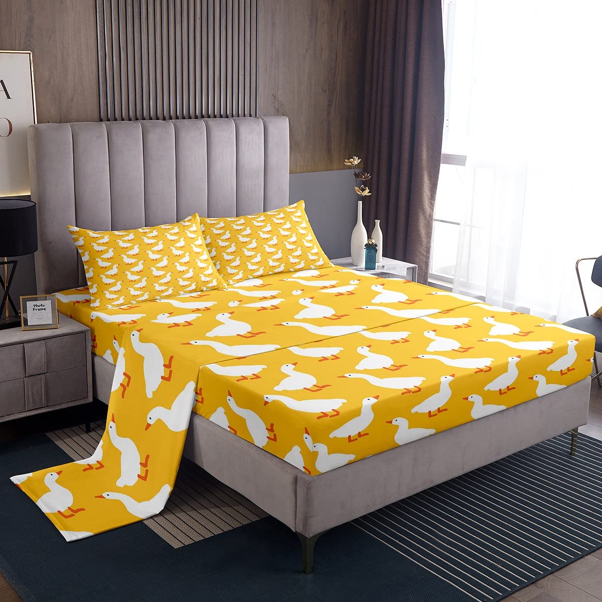 Erosebridal Farmhouse Animal Sheet Set for Kids Child,White Yellow Goose Bed Sheets Full,Cartoon Duck Doodle Bedding Set,Rustic Wild Pet Fitted Sheet + Top Sheet + 2 Pillowcases Bedroom Decor
