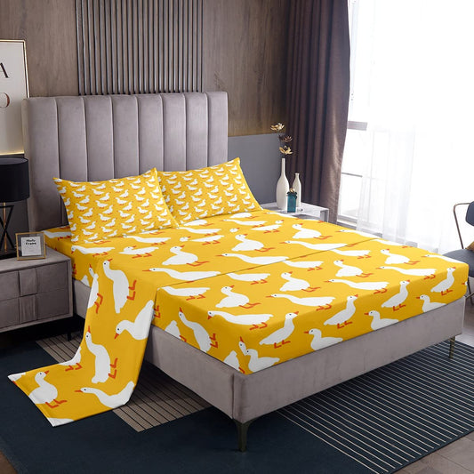 Erosebridal Farmhouse Animal Sheet Set for Kids Child,White Yellow Goose Bed Sheets Full,Cartoon Duck Doodle Bedding Set,Rustic Wild Pet Fitted Sheet + Top Sheet + 2 Pillowcases Bedroom Decor