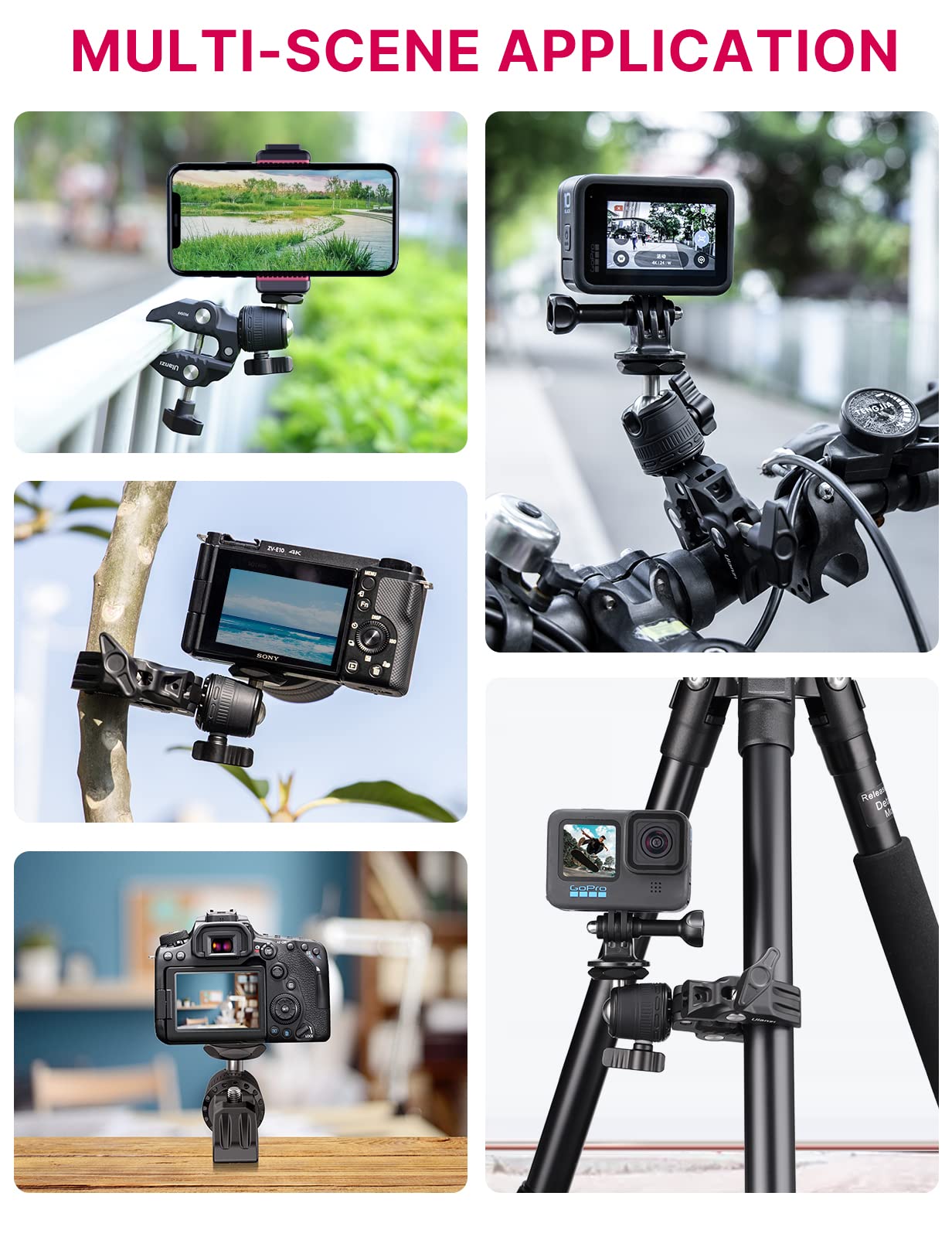 ULANZI R099 Super Clamp Camera Mount - Heavy Duty 3.3lb Load Metal Clamp with 360° Ball Head for Action Cameras (GoPro/Insta360/DJI), DSLR, Bike/Motorcycle Handlebar, Pole/Tube Mount Accessories
