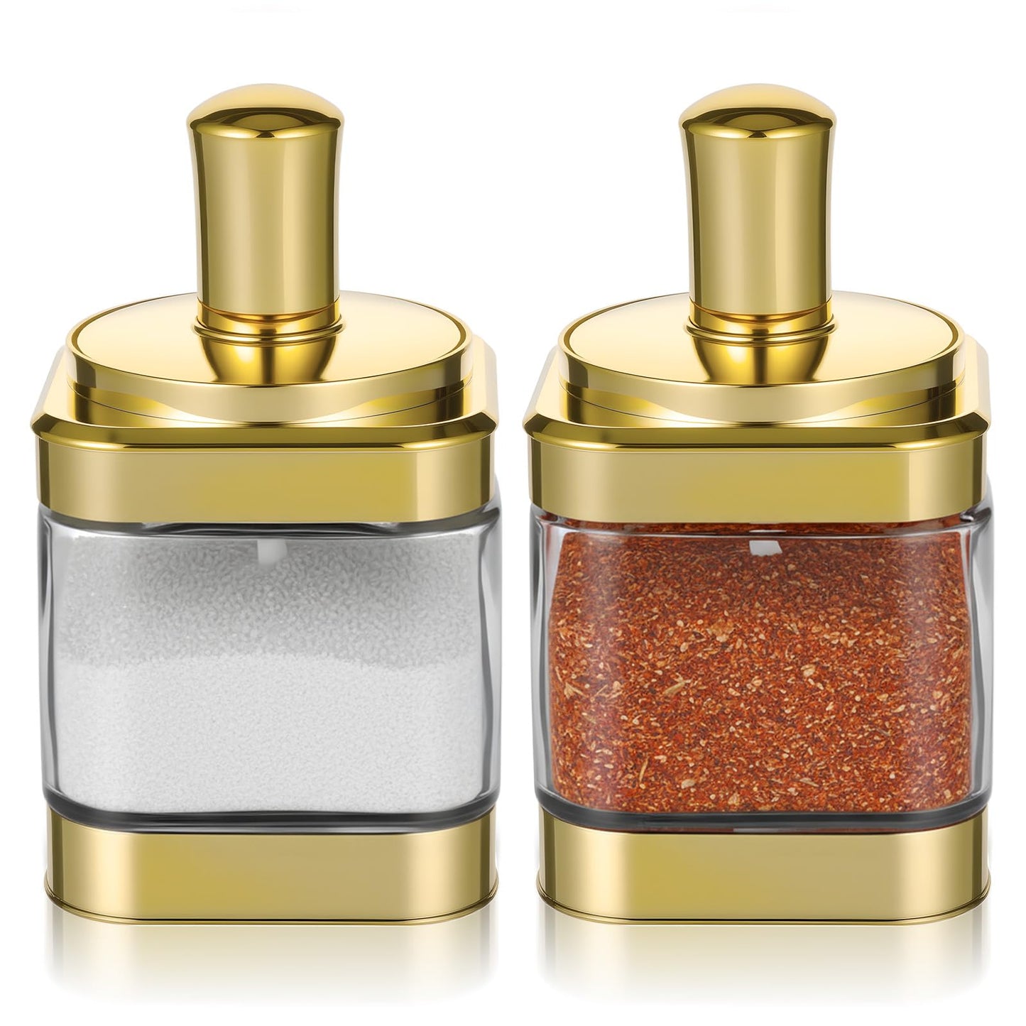 Hpmjz 2 PCS Glass Condiment Containers Gold Spice Jars with Lids and Spoons Seasoning Pot Set Salt Box Sugar Dispenser for Kitchen Dining Room Counter Flour Sugar