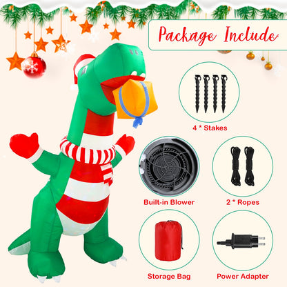 8FT Christmas Inflatables Outdoor Decorations, Blow Up Yard Dinosaur Decoration with Christmas Hat & Gift Box, Built-in LED Lights for Holiday Garden Patio Lawn Party, for Him, Her