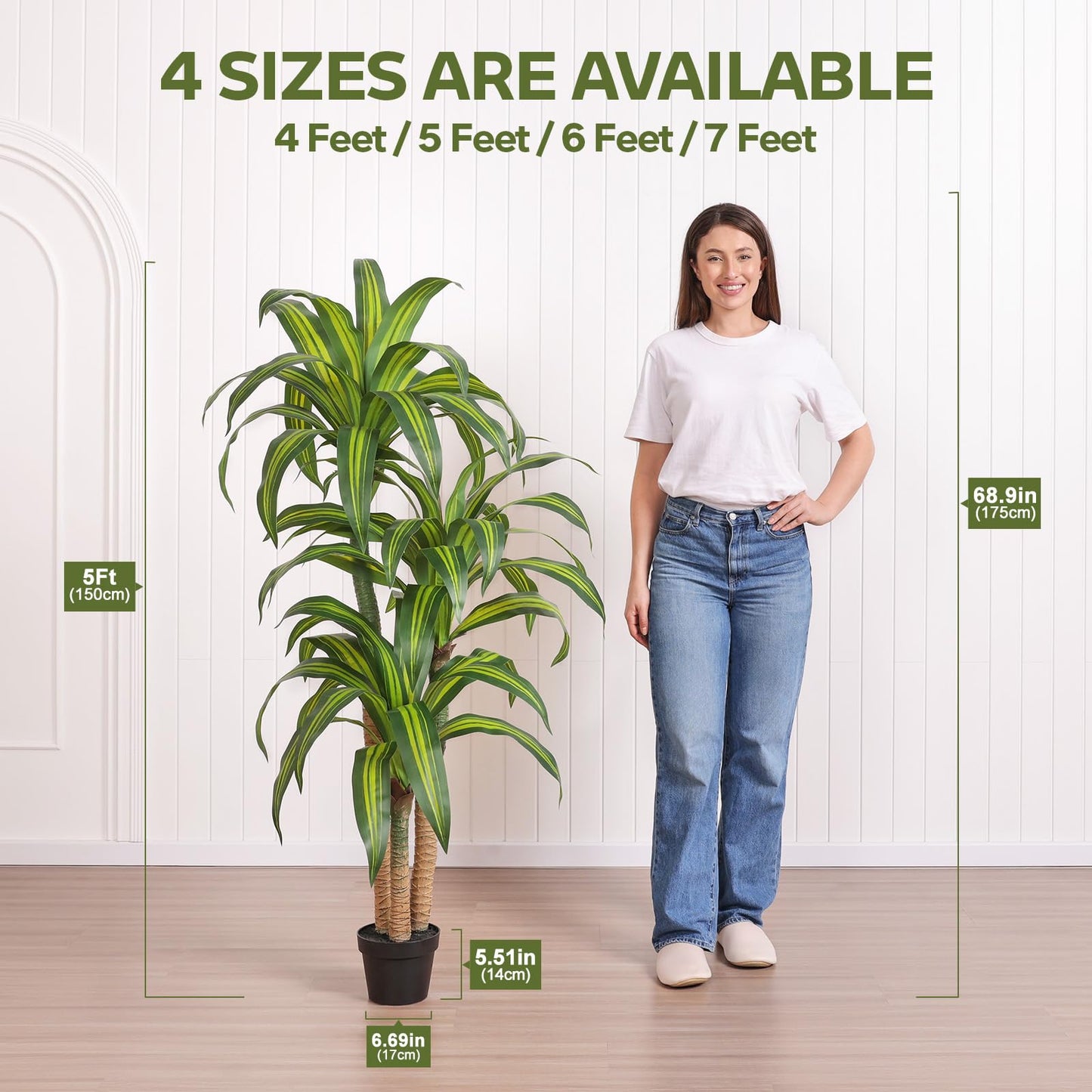 VeriNatural Artificial Dracaena Tree 5FT – Faux Yucca Floor Plant with Silk Leaves & Natural Trunk – Cement-Weighted Pot for Indoor Decor, Office, Living Room, Porch, Entryway, VN225