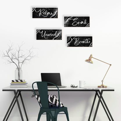 ONIZHITY 4 Pcs Black And Silver Bathroom Decor Wall Signs Relax Soak Unwind Breathe Wooden Rustic Marble Style Bathroom Accessories for Bedroom Living Room Kitchen Decoration(Black Silver 10X4")