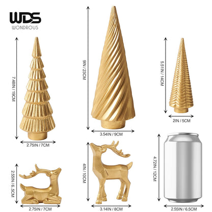 WDS WONDROUS Christmas Decoration Reindeer and Mini Trees Gold, Resin Reindeer Statues and Xmas Tree Figurines for Indoor Home Decor, Tabletop Mantle Cabinet Desktop Office