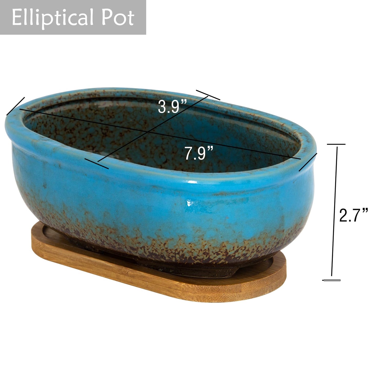 Succulent Pots, 1 Rectangle Planter + 1 Ceramic Bonsai Pot with Drain Tray, 2 Pack Large Shallow Succulent Planters for Indoor Plants, Round Cactus Flower Plant Pot for Desk Windowsill Decor