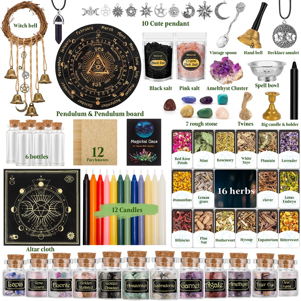 TigeJoy All in One Witchcraft Supplies Witch Stuff Spell Kit 88 PCS, Wiccan Tools, Include Herb Crystal Candle Amethyst Pendulum, Witch Gift Wiccan Starter Kit Altar Supplies Pagan Decor