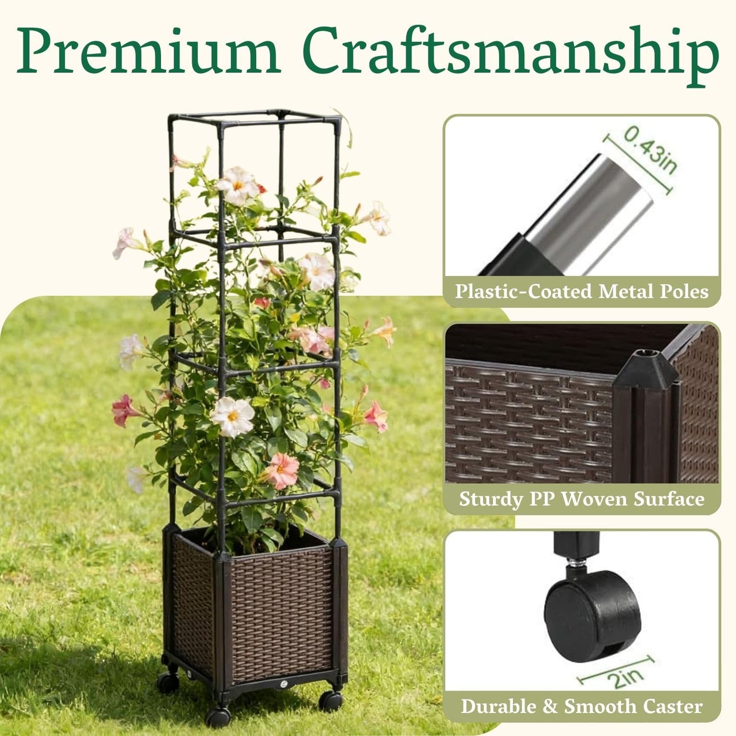 Raised Garden Bed Planter Box with Trellis | Self-Watering Tomato Planter with Wheels for Climbing Plants & Vegetable | Vertical Gardening Tomato Pot with Tomato Cage Indoor Outdoor Patio Greenhouse