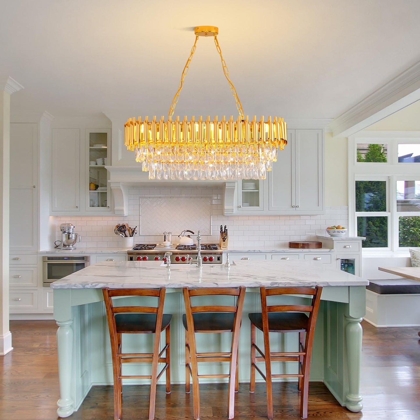 AKDXIRUN Modern Crystal Chandeliers for Dining Room 8-Light Rectangular Gold Crystal Chandelier Living Room Oval Contemporary Linear Pendant Light Fixture for Kitchen Island Bar Restaurant L32
