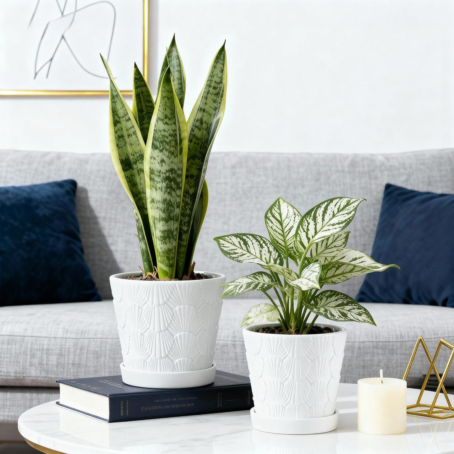 COLOAPT Ceramic Planter,5+6 Inch Ceramic Flower Pots with Drainage Hole&Tray,Embossed Seashell Design Plant pots,Planters for Indoor Plants Succulent Cactus,Flower Pot Home Decor-Set of 2,White