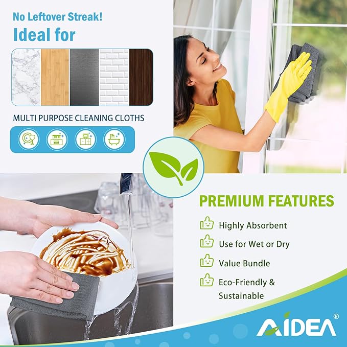 AIDEA Microfiber Cleaning Cloth Grey 12PK, Microfiber Towels