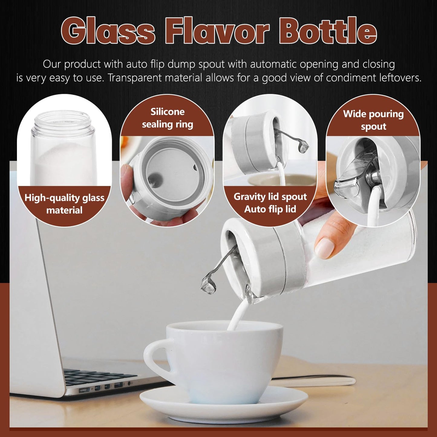 Sekonow 2Pcs Glass Sugar Dispenser with Auto Flip Pour Spout, Weighted Pourer Sugar Container, 8.5oz Sugar Bowl Shaker Jar Salt Dish Holder Coffee Bar Accessories, Grey