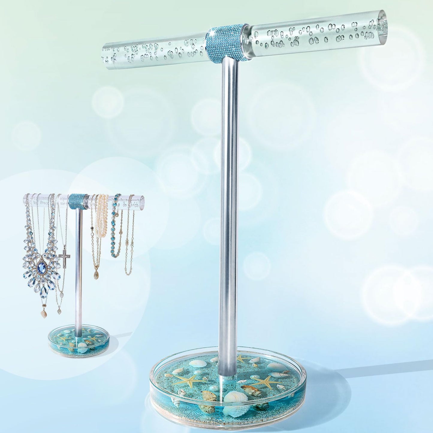 FONMY Jewelry Organizer Countertop Acrylic w/Nature Seashell Handmade,Seascape Standing Jewelry Holder W/Blue crystal for Bedroom Bathroom w/Weighted Base,Unique Gifts