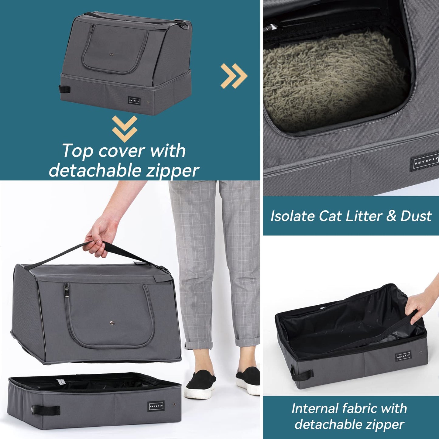 Petsfit Litter Box with Lid, Waterproof Bottom, High Cover Enlosure, Standard Cat Litter Boxes, Leak-Proof, Lightweight Gray, 40cm x 30cm x 12cm