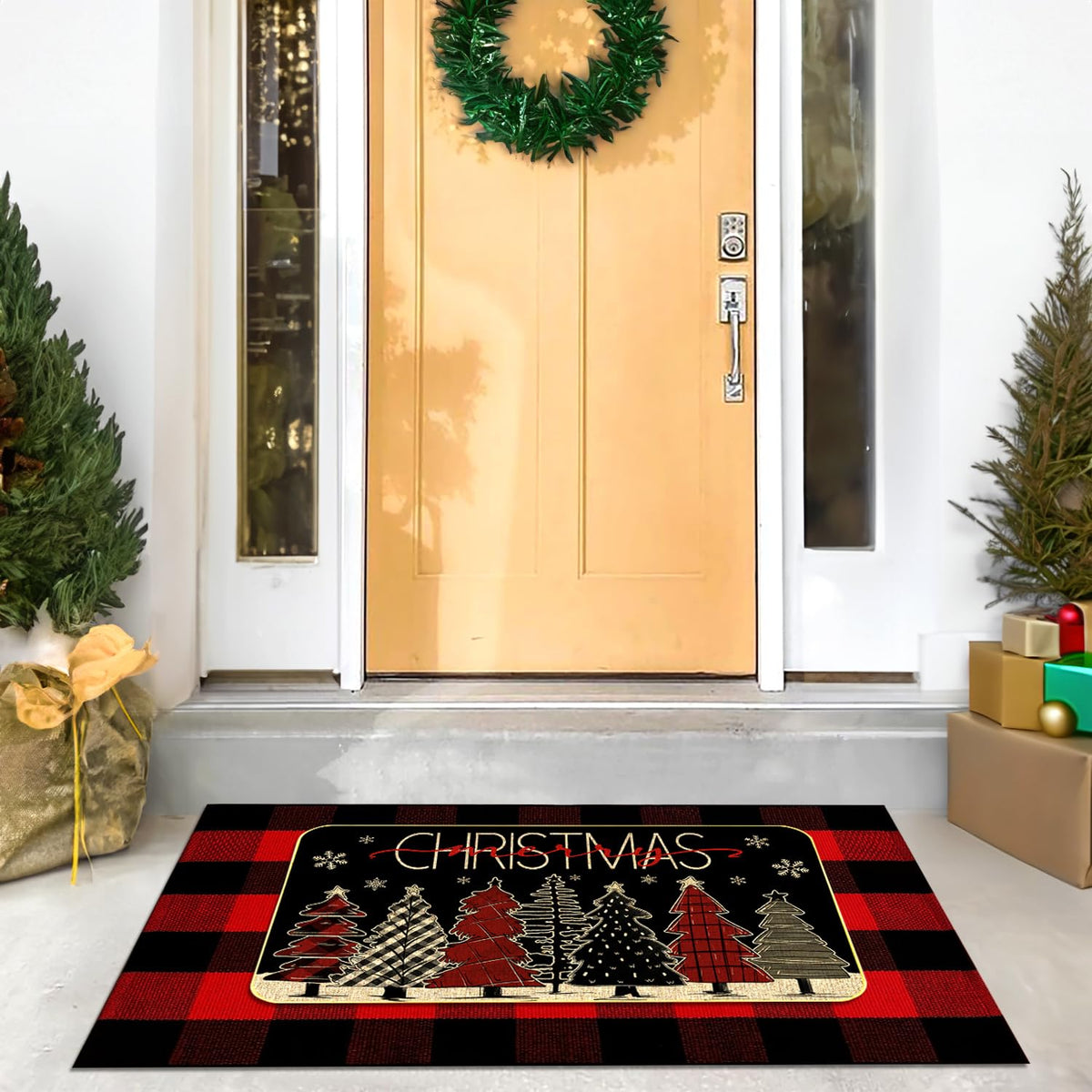 Christmas Outdoor Rug Set, Christmas Tree Door Mat Combo Set, Welcome Mat + 28 x 43 inch Red Black Buffalo Plaid Rugs, Checkered Christmas Trees Rug for Porch Entryway Winter Holiday Outdoor Decor