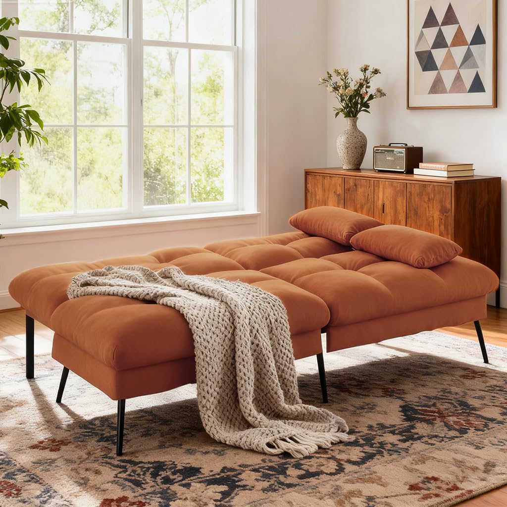 COMHOMA 72″ Futon Sofa Bed,Convertible Fabric Futons Couch with Adjustable Backrest, Folding Sleeper Recliner for Living Room Furniture (Orange)