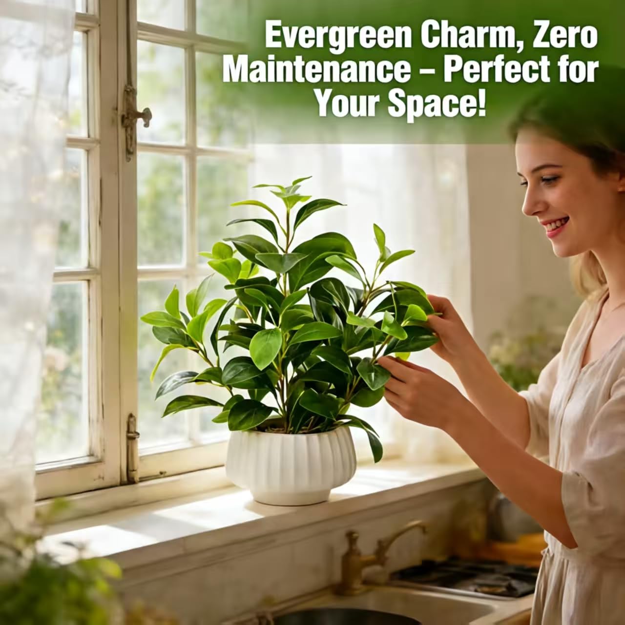 Ewtogift Artificial Peperomia Plant 16.5” Tall Lifelike Faux Greenery in 6” White Ribbed Ceramic Pot Realistic Indoor Fake Branches for Home Office Desk Shelf Bathroom Bedroom Farmhouse Decor