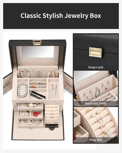 VLANDO Jewelry Box Organizer for Girls Women, Large Baroque Jewelry Holder Organizer with Mirror, 3 Drawers for Bracelets, Earrings, Rings, Necklaces, Mothers Day Gifts for Loved One, Black
